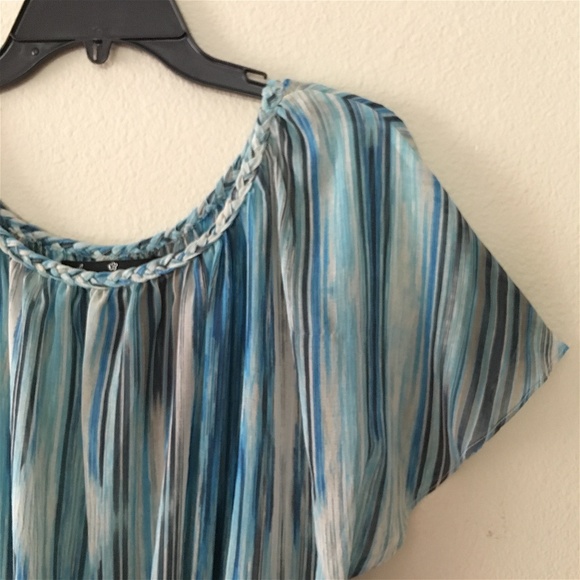 Abstract Stipe Fluffer Sleeve Sheer Top - Blue - Picture 1 of 7